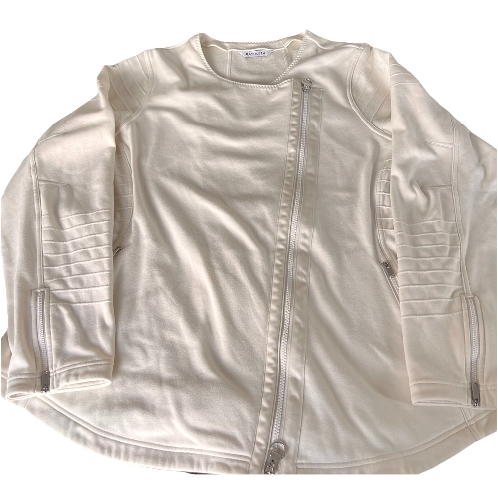 Athleta Cream Moto Jacket Womens 3X Fleece Asymmetric Zip Ribbed Biker Off White